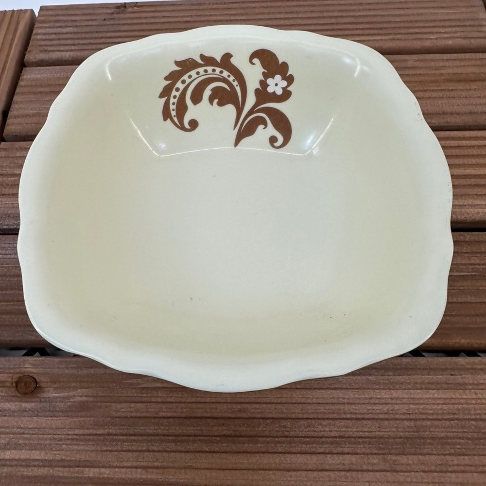 Vintage Melmac Serving Bowl Brown Floral Swirl Scalloped Edge